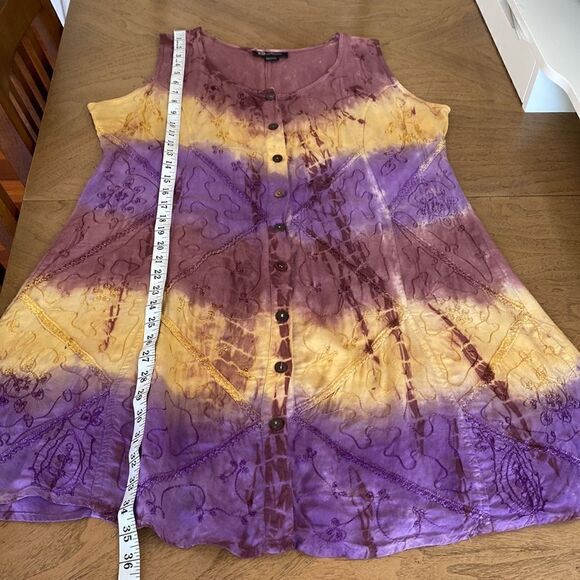 Vintage Flower Brand Yellow and Purple Tie Dye Tunic Dress with Waist Ties - Picture 9 of 13